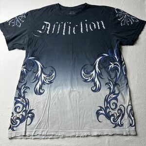 Y2K Affliction Mens T Shirt Med Black Blue Graphic Print Short Sleeve Distressed